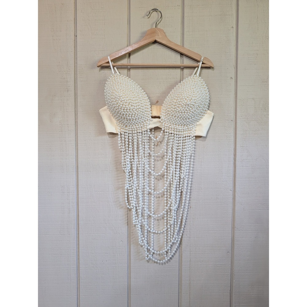 Novaluxe Cream Faux Pearl Fringe Bustier Crop Top 1X Festival Costume